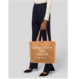 Sezane Charleston Mon Amour Canvas Tote Bag Brown Camel Graphic Print